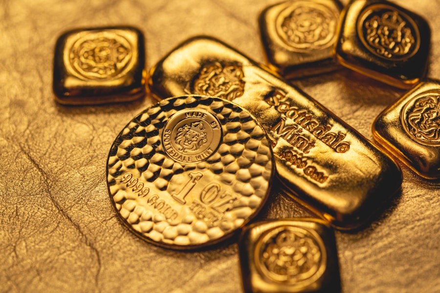 Stacked gold bullion bars and coins on a polished surface